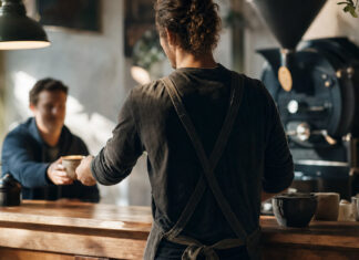 Café-Besitzer reicht einem Stammgast einen Cappuccino über den Tresen