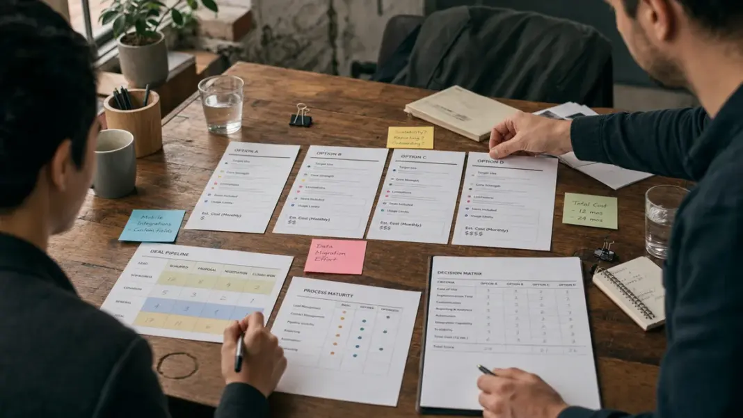 crm-startup-vergleich Startup-Team vergleicht CRM-Optionen mit Pipeline- und Kostenübersicht