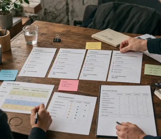 Startup-Team vergleicht CRM-Optionen mit Pipeline- und Kostenübersicht
