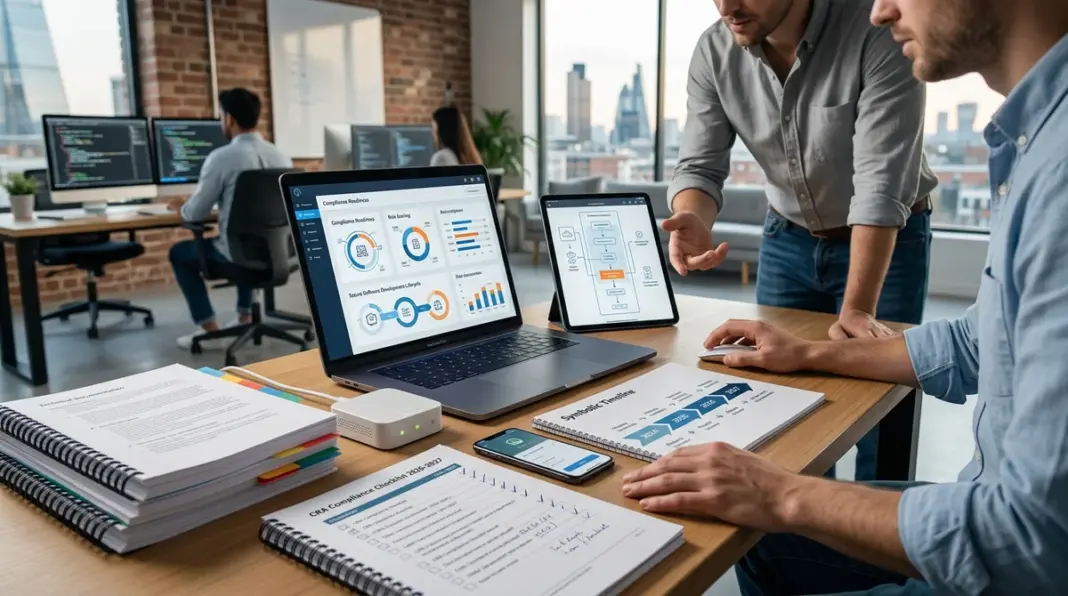 cyber-resilience-act-software Startup desk with software security documents and CRA compliance planning materials