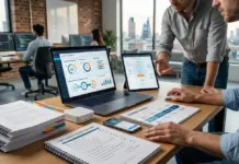 Startup desk with software security documents and CRA compliance planning materials