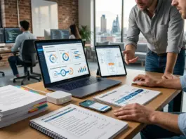 Startup desk with software security documents and CRA compliance planning materials