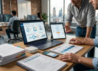Startup desk with software security documents and CRA compliance planning materials