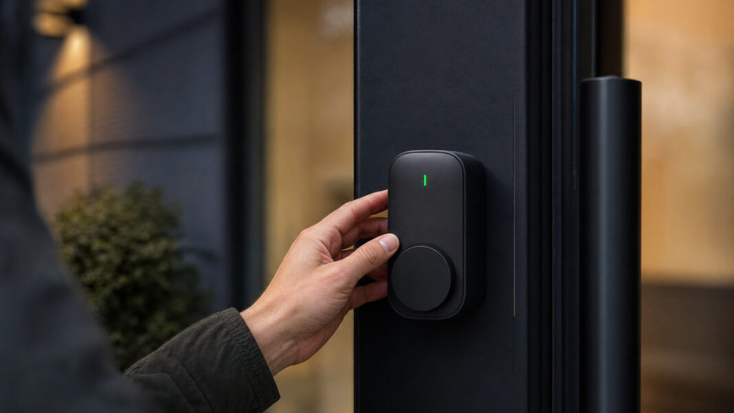 Hand prüft ein smartes Türschloss an einer modernen Tür Hand prüft ein smartes Türschloss an einer modernen Tür