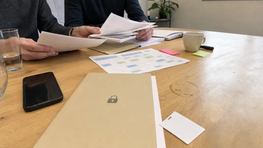 datenschutzbeauftragter-im-startup Unterlagen und Datenflussnotizen auf einem Startup-Tisch zur Prüfung der Datenschutzbeauftragten-Pflicht.