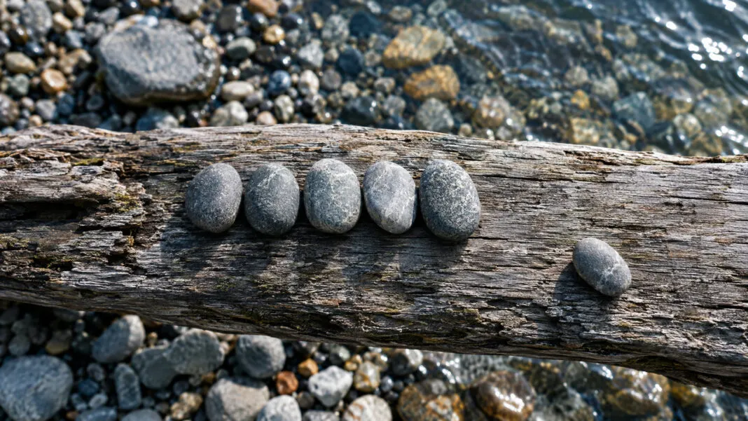 Reihe grauer Kiesel auf einer Holzbohle, ein Kiesel liegt ein Stück abseits