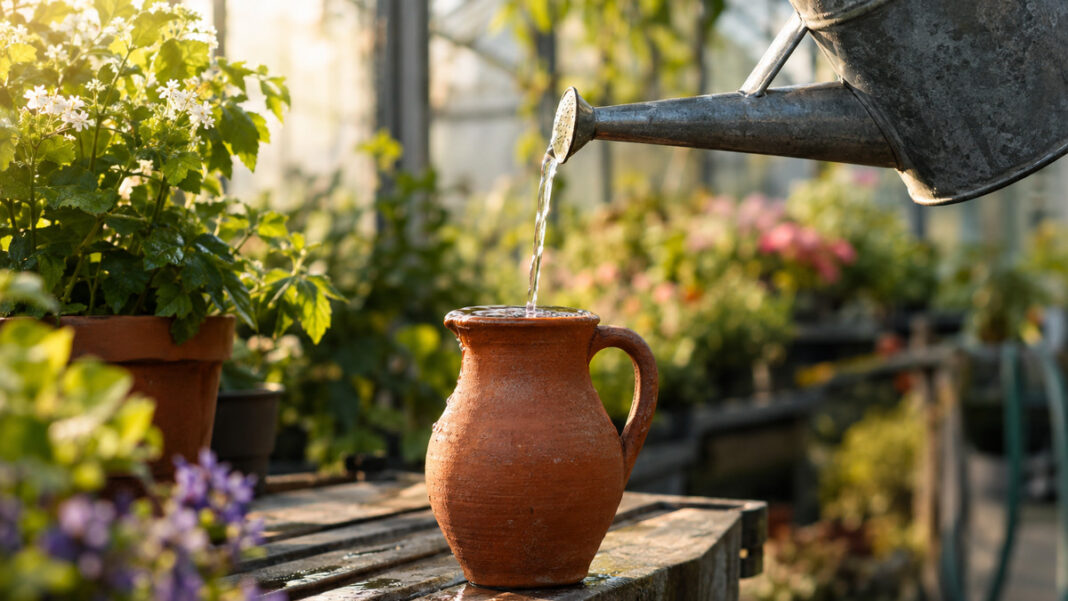 Ein dünner Wasserstrahl aus einer verzinkten Gießkanne füllt einen kleinen Tonkrug genau bis zum Rand, weiches Morgenlicht von der Seite