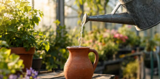 Ein dünner Wasserstrahl aus einer verzinkten Gießkanne füllt einen kleinen Tonkrug genau bis zum Rand, weiches Morgenlicht von der Seite