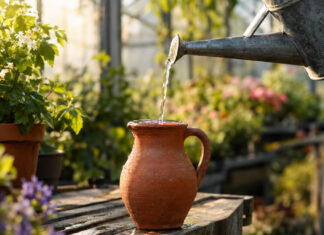 Ein dünner Wasserstrahl aus einer verzinkten Gießkanne füllt einen kleinen Tonkrug genau bis zum Rand, weiches Morgenlicht von der Seite