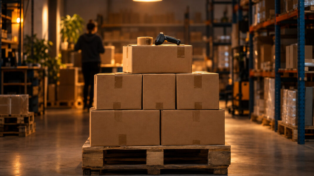 Gepackte Versandkartons auf einer Holzpalette in einem kleinen Lager am Abend