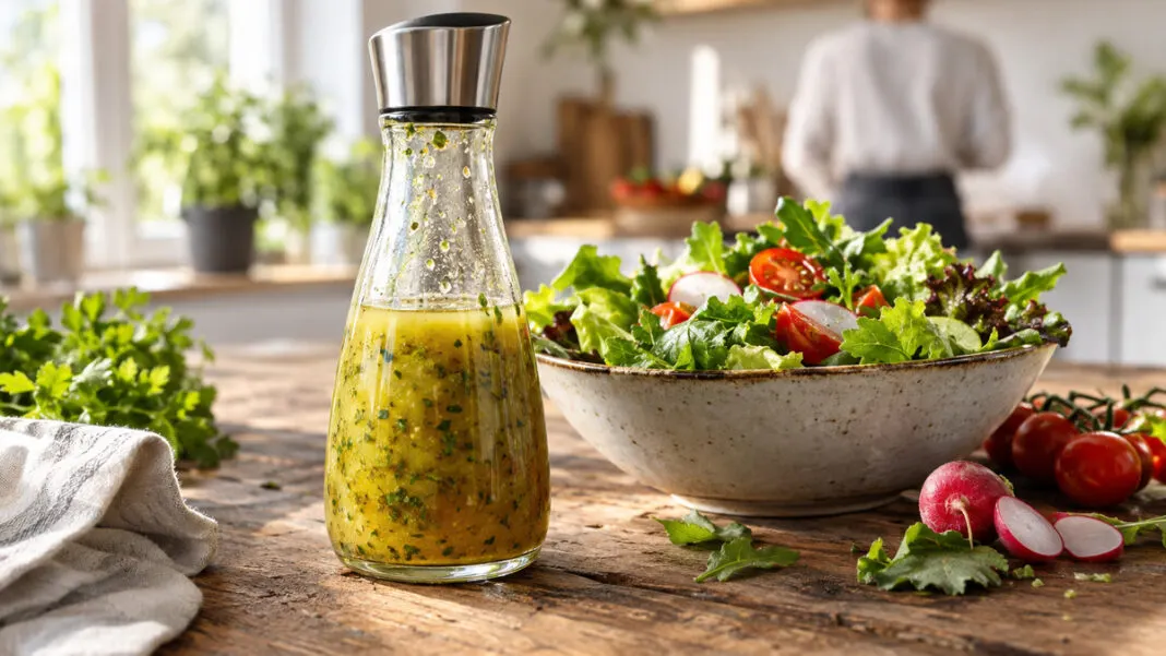 Glasflasche mit Kräuterdressing neben einer Schale mit grünem Salat, Tomaten und Radieschen