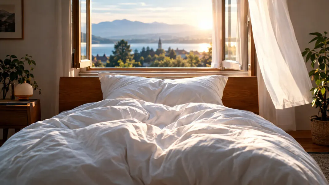 Frisch aufgeschütteltes Bett vor einem geöffneten Fenster im Morgenlicht