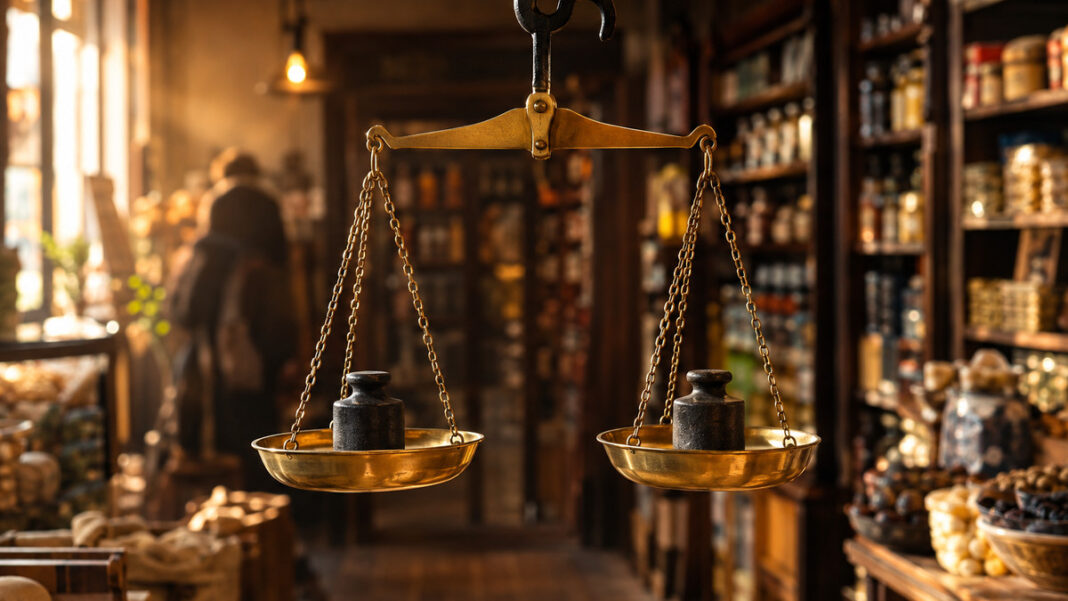 Eine Balkenwaage aus poliertem Messing hängt an einem schmiedeeisernen Haken, beide Schalen stehen genau auf gleicher Höhe, in jeder liegt ein dunkles Gewicht, warmes Seitenlicht