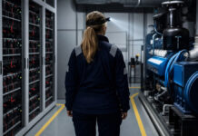 DORA Startups 2026: Die Vendor-Checkliste für Fintech- und SaaS-Teams Technikerin kontrolliert ein Notstromaggregat im Technikraum