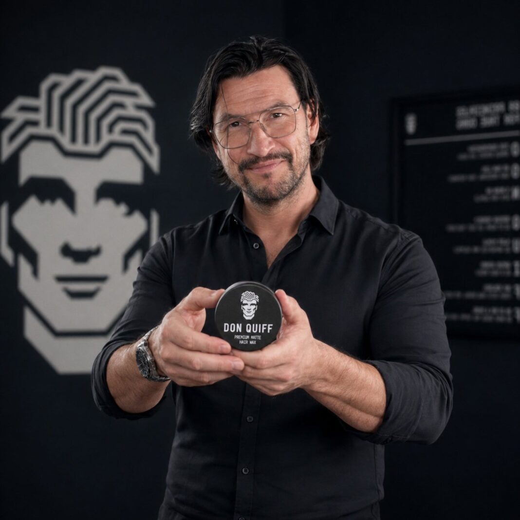 Gruender Robert Tarquini haelt eine schwarze Dose Don Quiff Energy Wax in seinem Salon in die Kamera