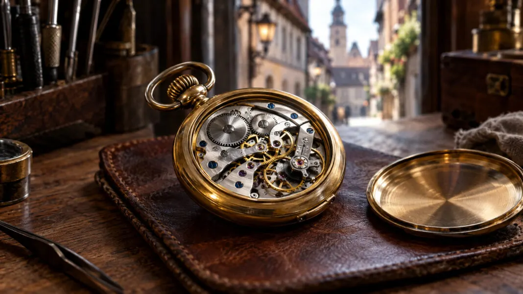 Offenes Messinggehäuse einer Taschenuhr mit sichtbarem Räderwerk auf Leder