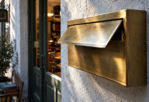 Ein blank gewetzter Messing-Briefkasten mit schwerer Klappe hängt an einer gekalkten Wand, die Klappe steht einen Fingerbreit offen, kühles Morgenlicht streift das Metall