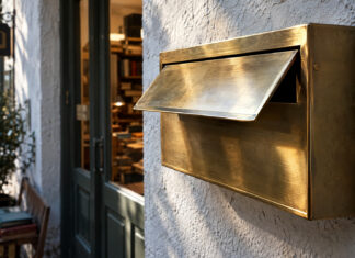Ein blank gewetzter Messing-Briefkasten mit schwerer Klappe hängt an einer gekalkten Wand, die Klappe steht einen Fingerbreit offen, kühles Morgenlicht streift das Metall
