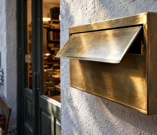 Ein blank gewetzter Messing-Briefkasten mit schwerer Klappe hängt an einer gekalkten Wand, die Klappe steht einen Fingerbreit offen, kühles Morgenlicht streift das Metall