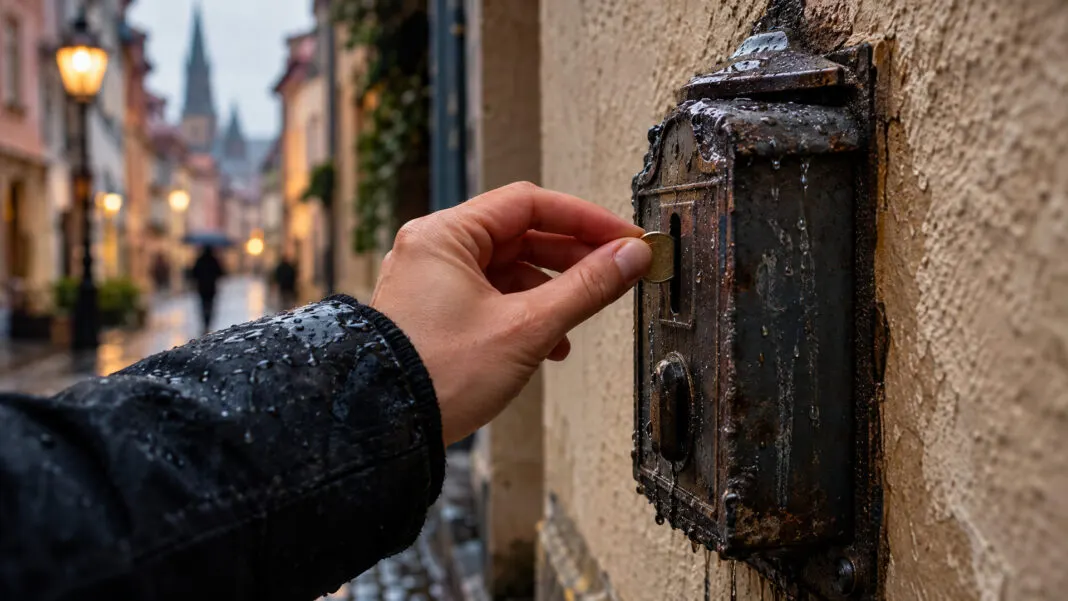 Eine Hand schiebt eine Münze in den Schlitz eines alten gusseisernen Münzautomaten
