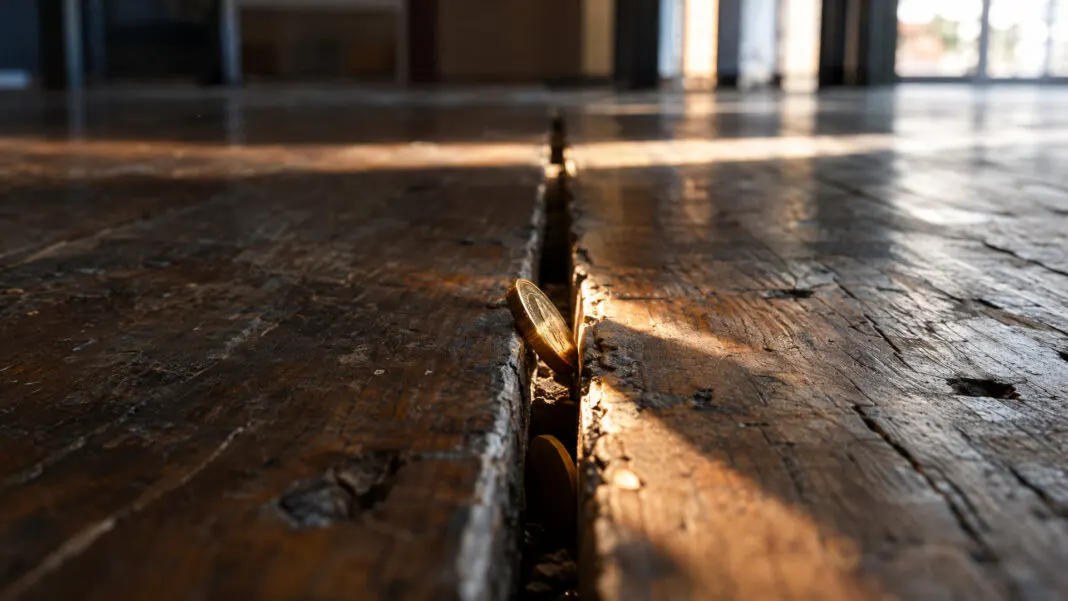 Münzen rollen durch den Spalt zwischen zwei Holzdielen und fallen hindurch