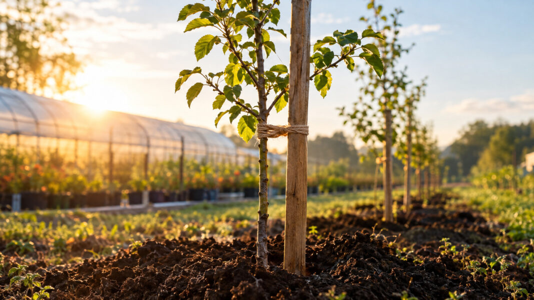 Ein junger Obstbaum-Setzling steht frisch gepflanzt in dunkler Erde, ein roher Holzpfahl stützt den dünnen Stamm, ein Bastband verbindet beide, warmes Morgenlicht.
