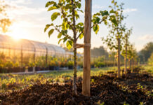 Eigenkapital und Fremdkapital: Die Finanzierung eines Startups richtig mischen Ein junger Obstbaum-Setzling steht frisch gepflanzt in dunkler Erde, ein roher Holzpfahl stützt den dünnen Stamm, ein Bastband verbindet beide, warmes Morgenlicht.