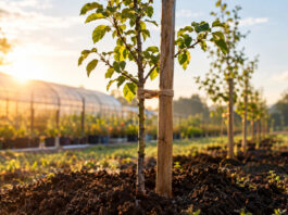 Ein junger Obstbaum-Setzling steht frisch gepflanzt in dunkler Erde, ein roher Holzpfahl stützt den dünnen Stamm, ein Bastband verbindet beide, warmes Morgenlicht.