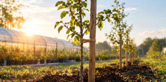 Ein junger Obstbaum-Setzling steht frisch gepflanzt in dunkler Erde, ein roher Holzpfahl stützt den dünnen Stamm, ein Bastband verbindet beide, warmes Morgenlicht.
