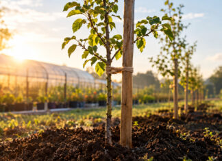 Ein junger Obstbaum-Setzling steht frisch gepflanzt in dunkler Erde, ein roher Holzpfahl stützt den dünnen Stamm, ein Bastband verbindet beide, warmes Morgenlicht.