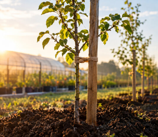Ein junger Obstbaum-Setzling steht frisch gepflanzt in dunkler Erde, ein roher Holzpfahl stützt den dünnen Stamm, ein Bastband verbindet beide, warmes Morgenlicht.