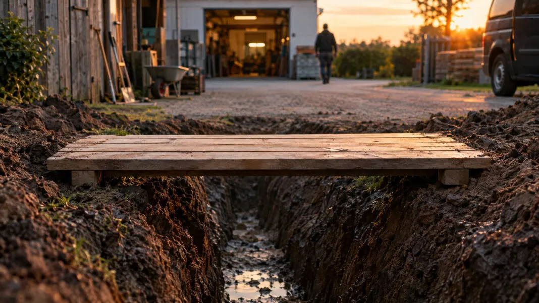 Eine Behelfsbrücke aus Bohlen überspannt einen ausgehobenen Graben vor einer Hofeinfahrt