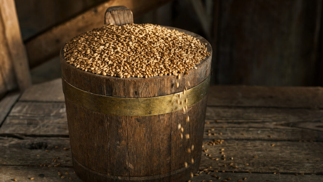 Ein hölzernes Getreidemaß mit Messingband steht randvoll mit goldenem Weizen auf abgewetztem Holz, Körner rieseln über den Rand, tiefstehendes Seitenlicht