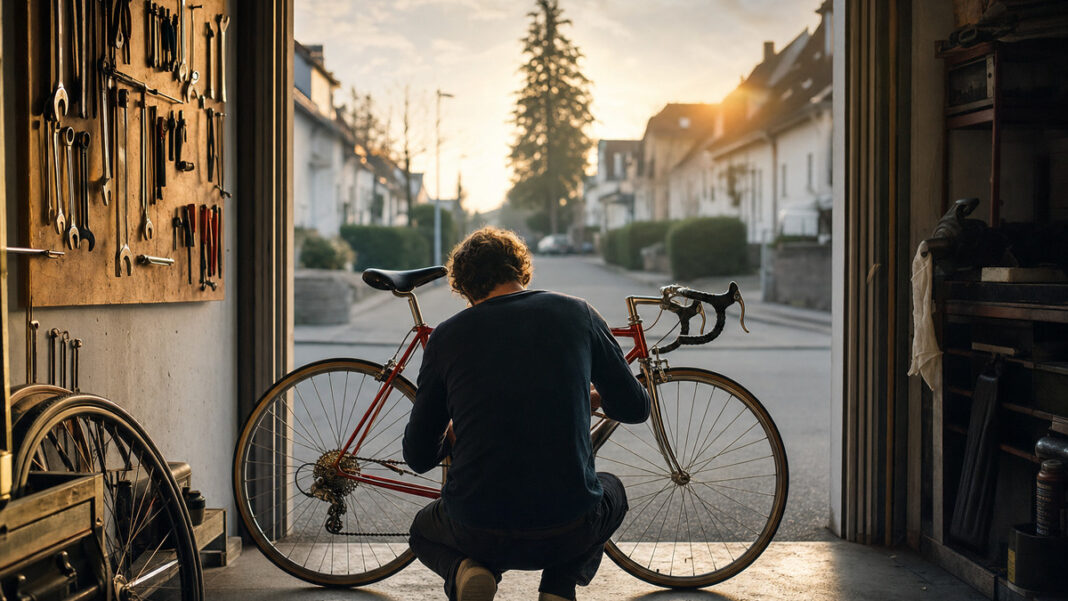 Gründer schraubt in seiner Garagenwerkstatt an einem Rennrad