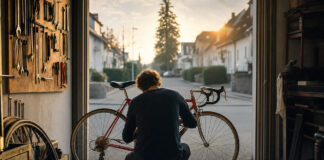Gründer schraubt in seiner Garagenwerkstatt an einem Rennrad