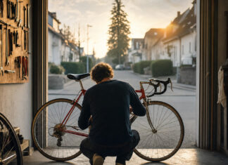 Gründer schraubt in seiner Garagenwerkstatt an einem Rennrad