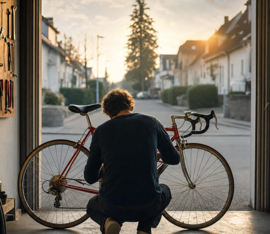 Gründer schraubt in seiner Garagenwerkstatt an einem Rennrad