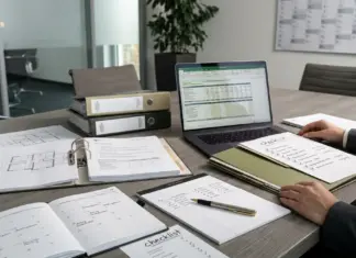 Unterlagen und Laptop zur Vorbereitung auf Einstiegsgeld Selbstständigkeit beim Jobcenter