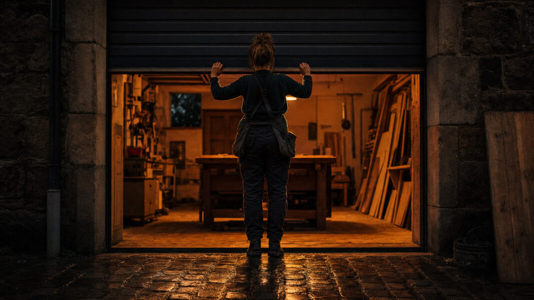 Handwerkerin zieht in der Morgendämmerung das Rolltor ihrer eigenen Tischlerwerkstatt hoch Handwerkerin zieht in der Morgendämmerung das Rolltor ihrer eigenen Tischlerwerkstatt hoch
