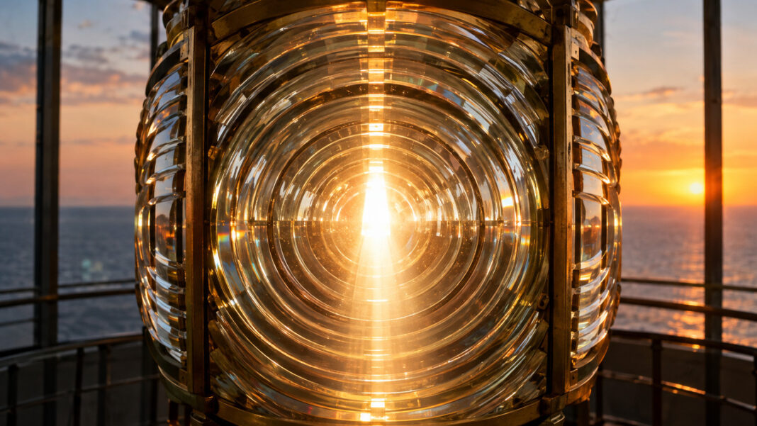 Elevator Pitch: Aufbau, Beispiel und die richtige Länge Die geschliffenen Glasringe einer großen Leuchtturmlinse aus Messing bündeln das warme Abendlicht zu einem einzigen hellen Strahl, feiner Staub schwebt darin