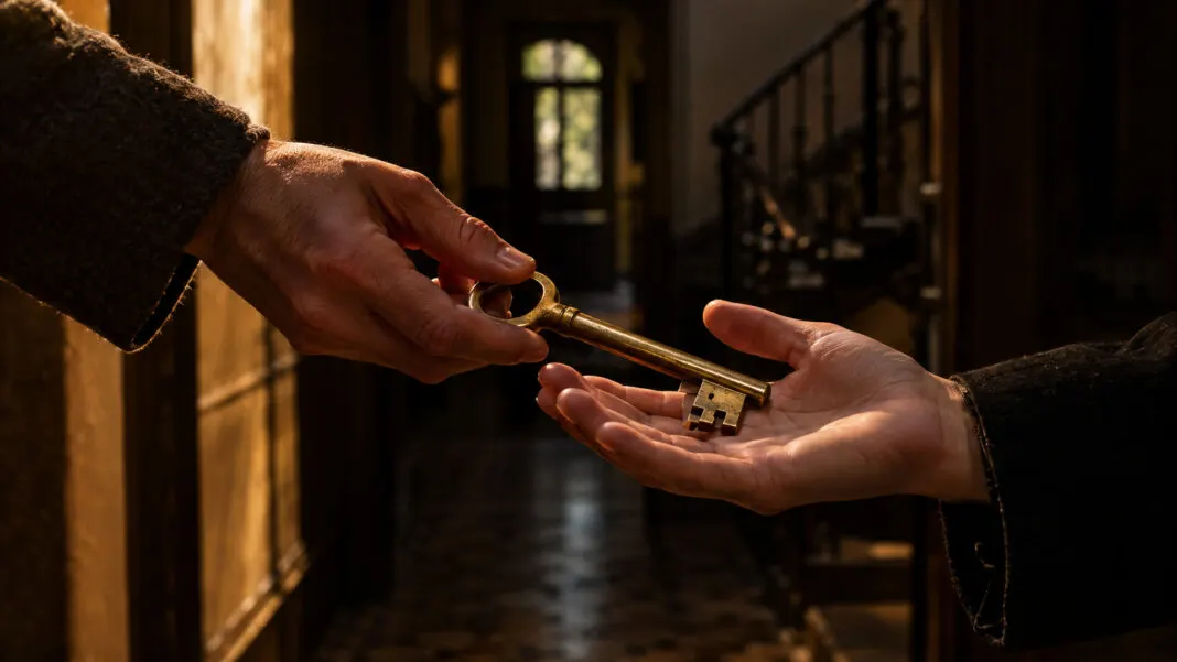 Eine Hand legt einen schweren Messingschlüssel in die offene Hand einer zweiten Person