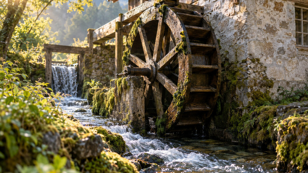 Elterngeld für Selbstständige: Berechnung, Höhe und Antrag Das hölzerne Wasserrad einer kleinen Mühle steht still, während klares Wasser im Mühlbach darunter weiterströmt, Morgenlicht auf nassem Holz und Moos