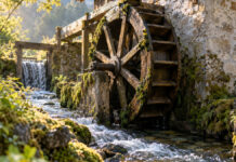 Elterngeld für Selbstständige: Berechnung, Höhe und Antrag Das hölzerne Wasserrad einer kleinen Mühle steht still, während klares Wasser im Mühlbach darunter weiterströmt, Morgenlicht auf nassem Holz und Moos