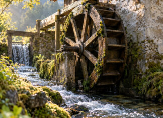 Das hölzerne Wasserrad einer kleinen Mühle steht still, während klares Wasser im Mühlbach darunter weiterströmt, Morgenlicht auf nassem Holz und Moos