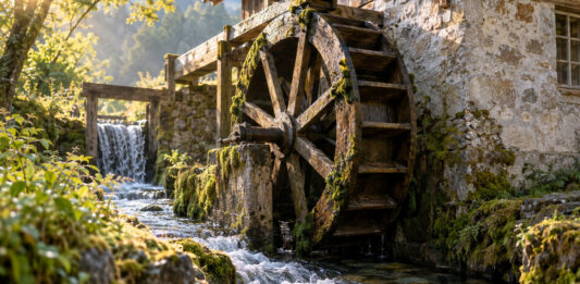 Das hölzerne Wasserrad einer kleinen Mühle steht still, während klares Wasser im Mühlbach darunter weiterströmt, Morgenlicht auf nassem Holz und Moos