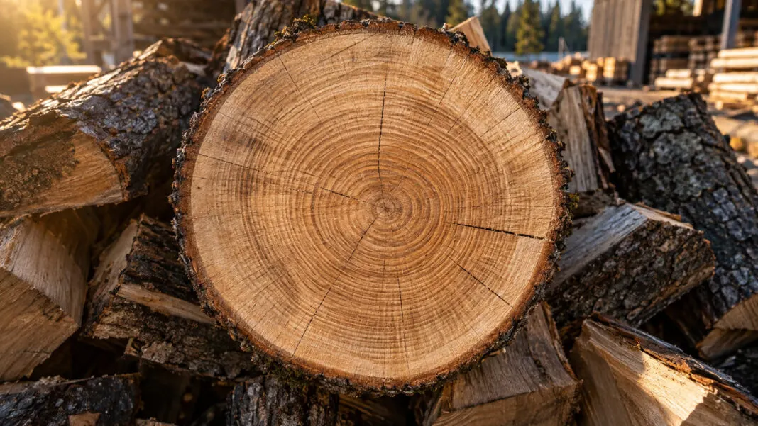 Gesägte Eichenscheibe mit deutlich sichtbaren Jahresringen auf einem Holzstapel