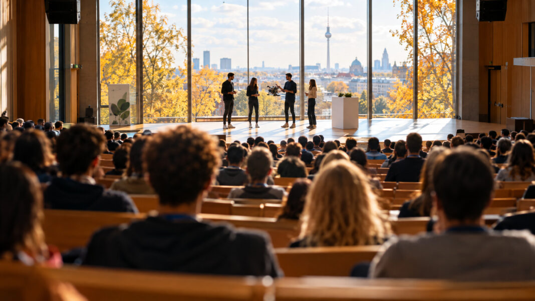 Entrepreneurship Summit 2026 Hörsaal (Symbolbild, KI) Voll besetzter Hörsaal im Herbstlicht, auf der Bühne stellen vier Gründer einen Prototyp vor, das Publikum ist von hinten zu sehen