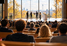 Voll besetzter Hörsaal im Herbstlicht, auf der Bühne stellen vier Gründer einen Prototyp vor, das Publikum ist von hinten zu sehen
