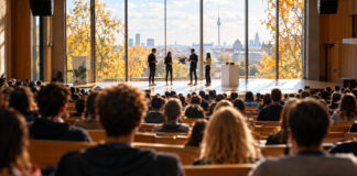 Voll besetzter Hörsaal im Herbstlicht, auf der Bühne stellen vier Gründer einen Prototyp vor, das Publikum ist von hinten zu sehen