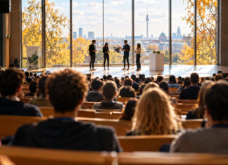 Voll besetzter Hörsaal im Herbstlicht, auf der Bühne stellen vier Gründer einen Prototyp vor, das Publikum ist von hinten zu sehen